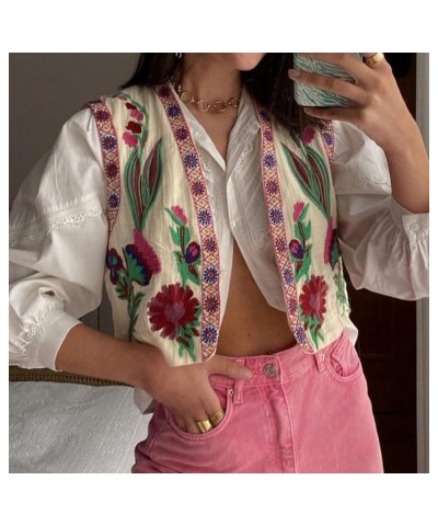 Women's Vintage Embroidered Floral Vest Y2k Sleeveless Linen Open Shirt Blouse Fashion Crochet Flower Cardigan Vests Tops Bei...