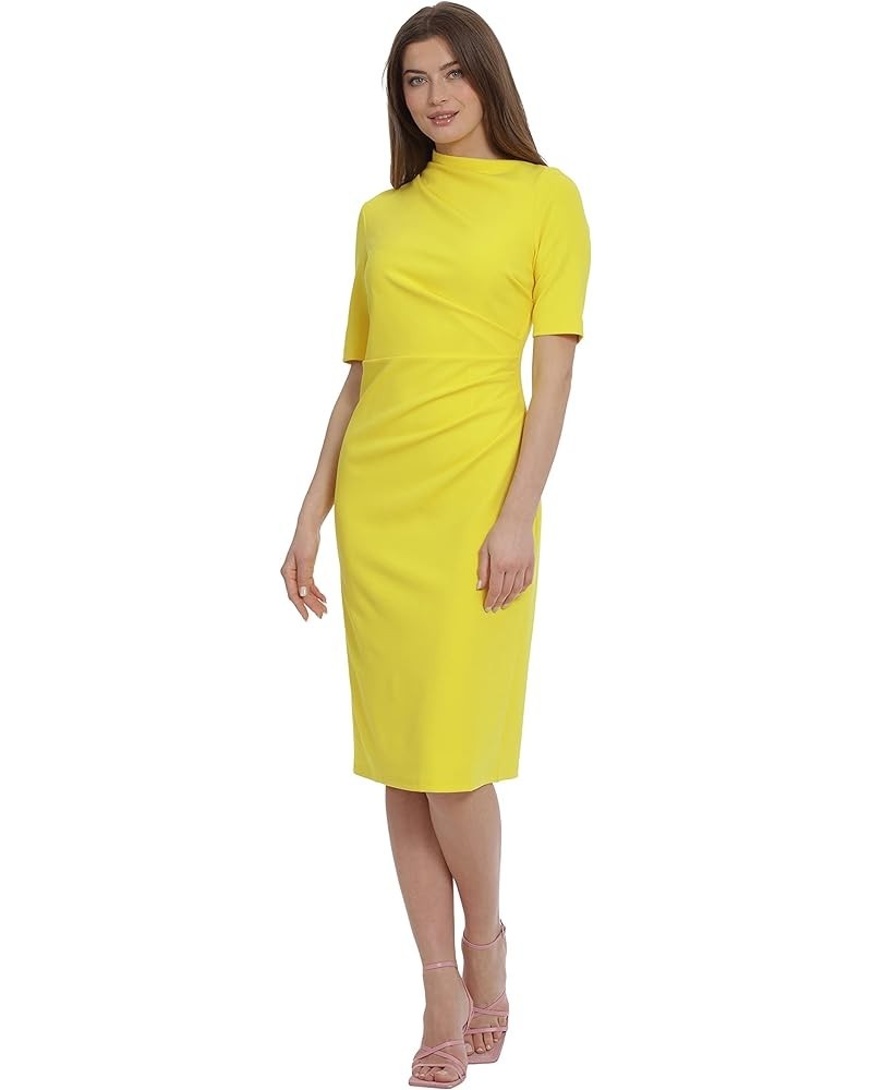 Women's Side Pleat Dress with Asymmetric Neck and Elbow Sleeves Empire Yellow $41.77 Dresses