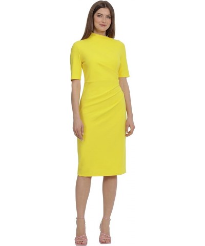 Women's Side Pleat Dress with Asymmetric Neck and Elbow Sleeves Empire Yellow $41.77 Dresses