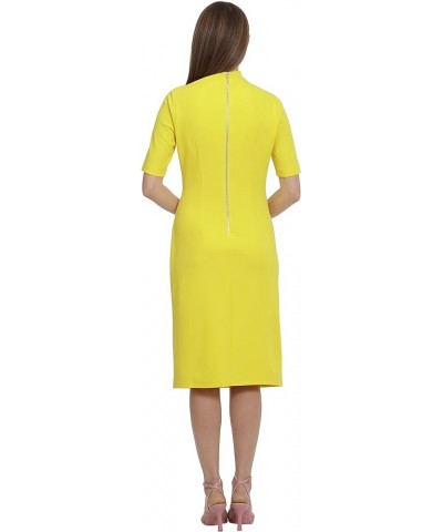 Women's Side Pleat Dress with Asymmetric Neck and Elbow Sleeves Empire Yellow $41.77 Dresses