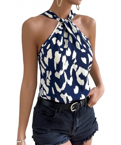 Women's Sleeveless Satin Tank Top Backless Tie Back Solid Halter Blouse Graphic Blue $18.59 Tanks