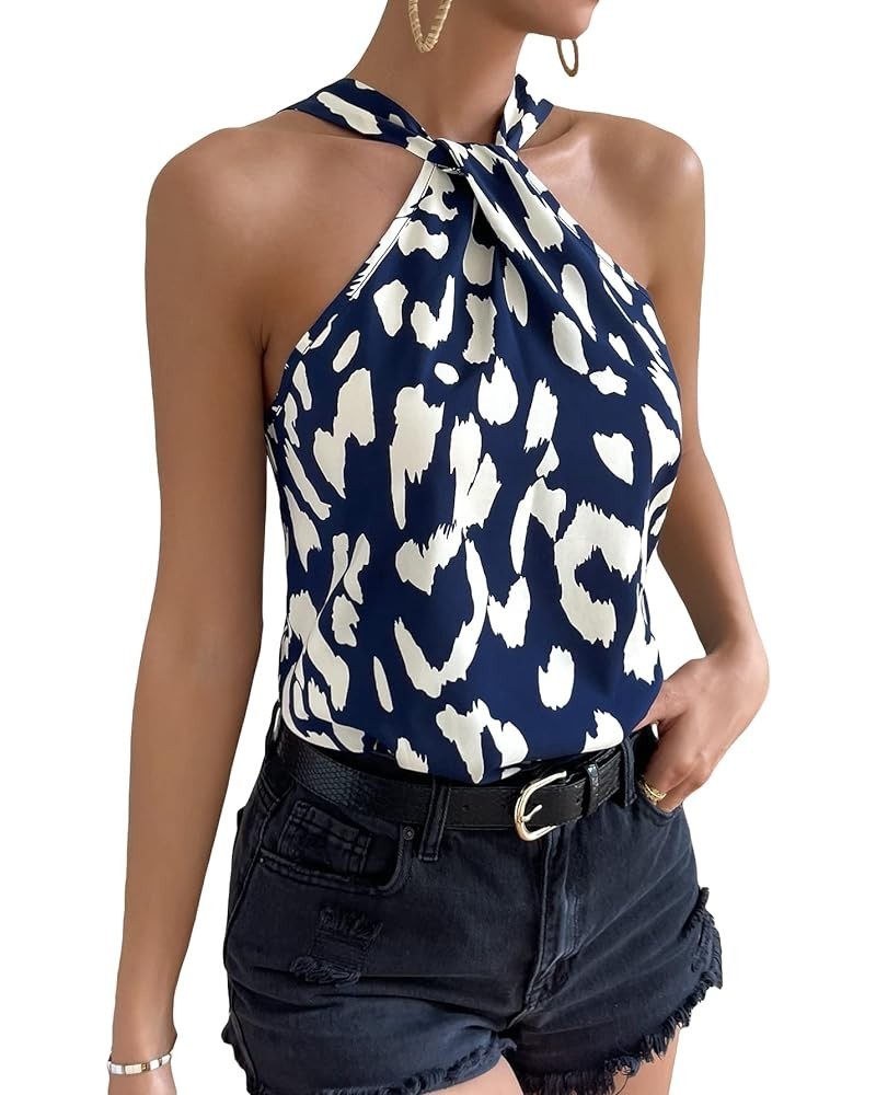 Women's Sleeveless Satin Tank Top Backless Tie Back Solid Halter Blouse Graphic Blue $18.59 Tanks