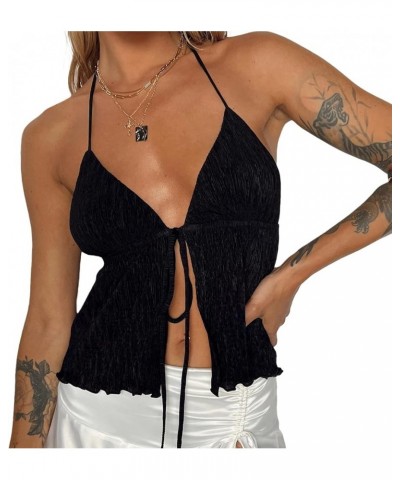 Cami Tops for Women Cropped Front Tie Tank Top Y2K Sleeveless V Neck Open Front Crop Top Summer Streetwear Black-ribbed $8.09...