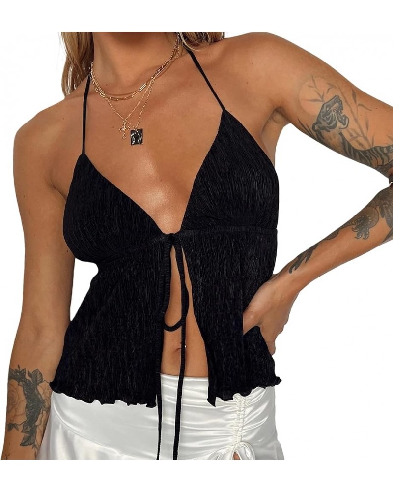 Cami Tops for Women Cropped Front Tie Tank Top Y2K Sleeveless V Neck Open Front Crop Top Summer Streetwear Black-ribbed $8.09...