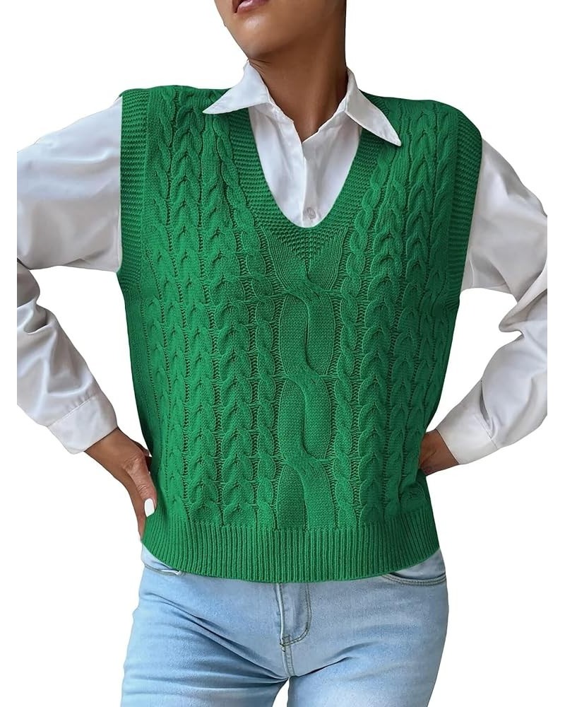 Womens V Neck Sweater Vest School Uniform Vest Striped Cable Knit Sleeveless Sweater Tops B Green $13.33 Sweaters