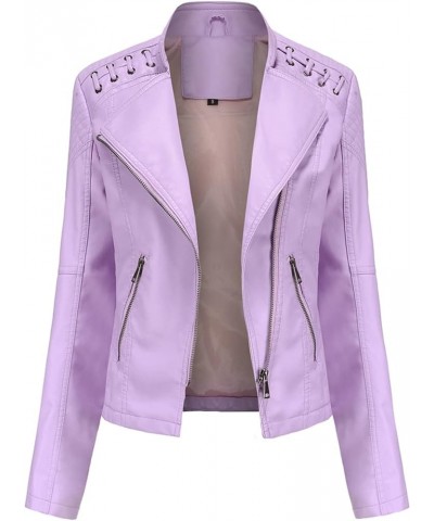 Women's Faux Leather Moto Jacket Casual Short Solid Color PU Biker Coat with Pockets Light Pink $28.04 Coats