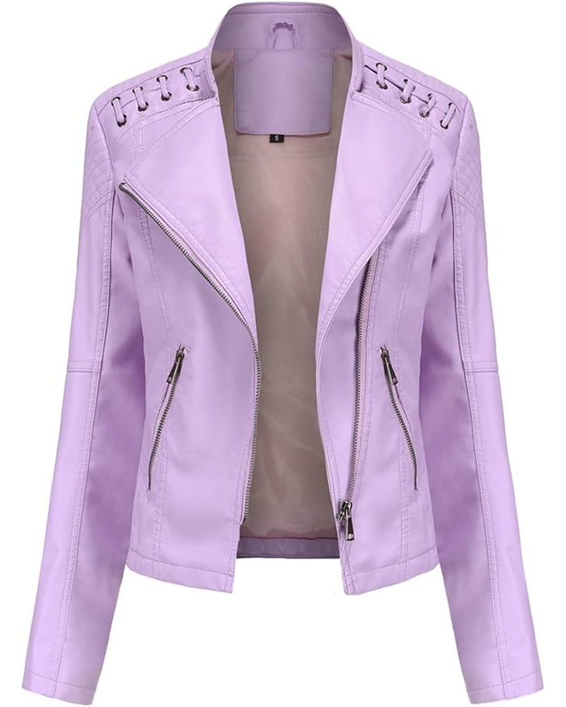 Women's Faux Leather Moto Jacket Casual Short Solid Color PU Biker Coat with Pockets Light Pink $28.04 Coats