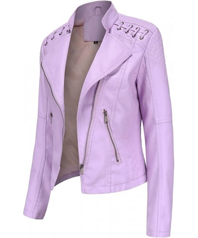 Women's Faux Leather Moto Jacket Casual Short Solid Color PU Biker Coat with Pockets Light Pink $28.04 Coats