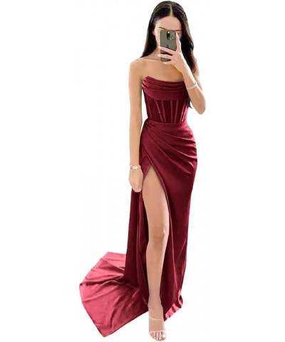 Strapless Corset Prom Dresses for Women Long Satin Mermaid Ruched Cowl Neck Formal Evening Gowns with Slit 2024 Wine Red $35....