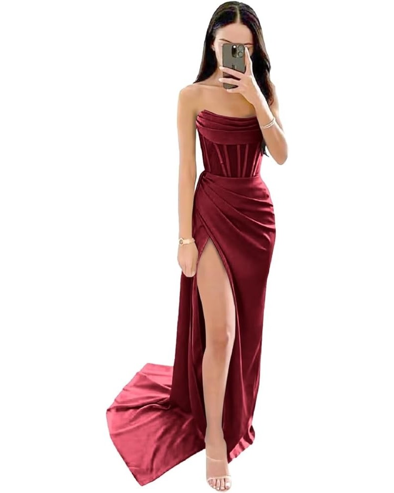 Strapless Corset Prom Dresses for Women Long Satin Mermaid Ruched Cowl Neck Formal Evening Gowns with Slit 2024 Wine Red $35....