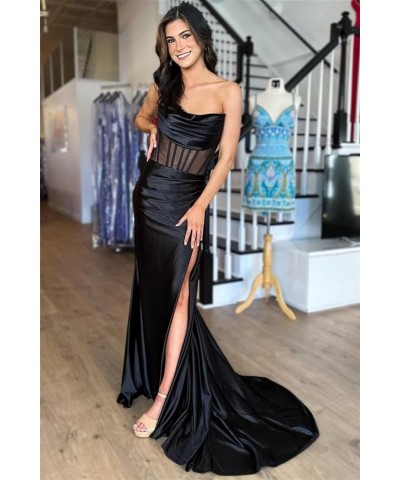 Strapless Corset Prom Dresses for Women Long Satin Mermaid Ruched Cowl Neck Formal Evening Gowns with Slit 2024 Wine Red $35....