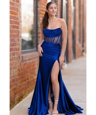 Strapless Corset Prom Dresses for Women Long Satin Mermaid Ruched Cowl Neck Formal Evening Gowns with Slit 2024 Wine Red $35....