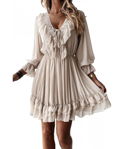 Women Spring Summer Lace Crochet Ruffle Solid Long Sleeve Swing Mini Dress V Neck Pleated Short Sundress Babydoll Dress Beige...