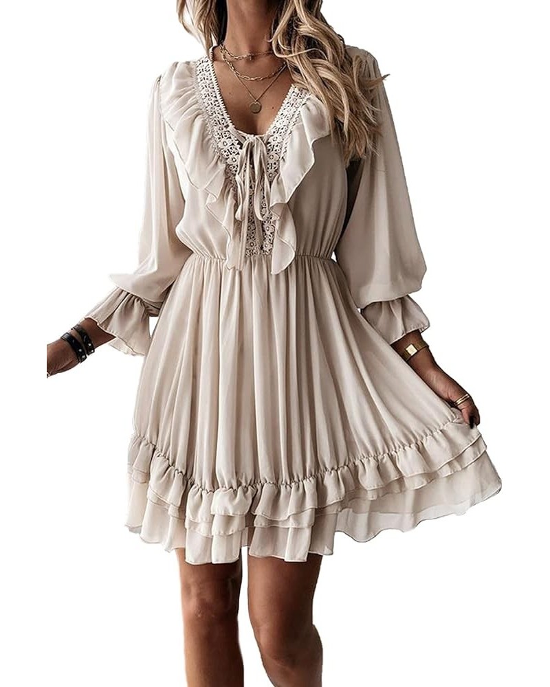 Women Spring Summer Lace Crochet Ruffle Solid Long Sleeve Swing Mini Dress V Neck Pleated Short Sundress Babydoll Dress Beige...