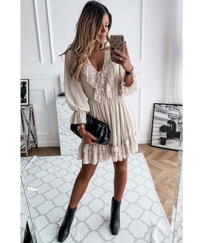 Women Spring Summer Lace Crochet Ruffle Solid Long Sleeve Swing Mini Dress V Neck Pleated Short Sundress Babydoll Dress Beige...