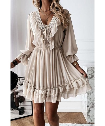 Women Spring Summer Lace Crochet Ruffle Solid Long Sleeve Swing Mini Dress V Neck Pleated Short Sundress Babydoll Dress Beige...