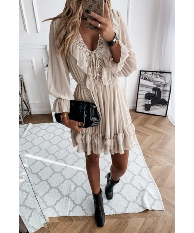 Women Spring Summer Lace Crochet Ruffle Solid Long Sleeve Swing Mini Dress V Neck Pleated Short Sundress Babydoll Dress Beige...