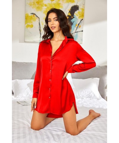 Women's Satin Nightshirt Button Down Sleepshirt Silk 3/4 Sleeve Nightgown Boyfriend Notch Collar Sleepwear S-3XL B_candy Red ...