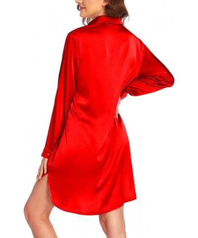 Women's Satin Nightshirt Button Down Sleepshirt Silk 3/4 Sleeve Nightgown Boyfriend Notch Collar Sleepwear S-3XL B_candy Red ...