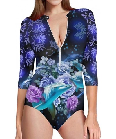 Womens One Piece Swimsuit Zip Front Printed 3/4 Short Sleeve Rash Guard UPF 50++ Sun Protection Swimwear Dolphin Rose $16.81 ...