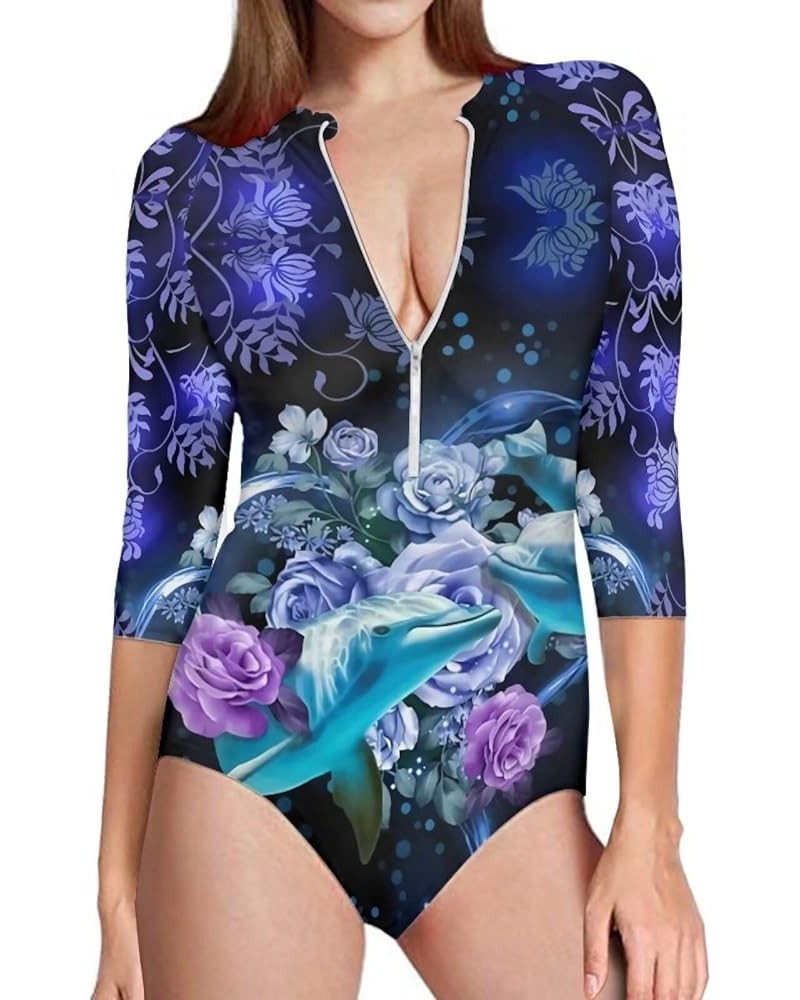 Womens One Piece Swimsuit Zip Front Printed 3/4 Short Sleeve Rash Guard UPF 50++ Sun Protection Swimwear Dolphin Rose $16.81 ...