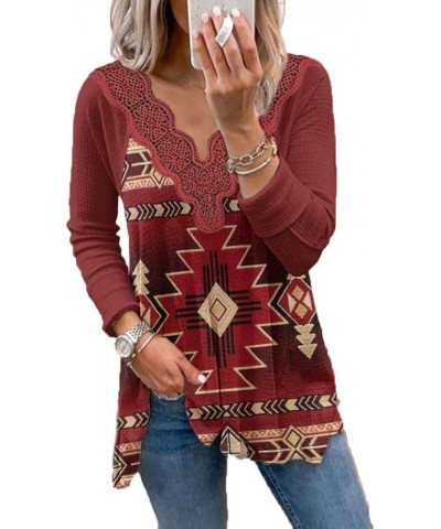 Womens Western Outfits Aztec Print Long Sleeve Lace V Neck Casual Loose Flowy Tunic Tops Shirts Red 3 $18.05 Tops