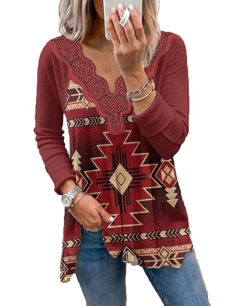 Womens Western Outfits Aztec Print Long Sleeve Lace V Neck Casual Loose Flowy Tunic Tops Shirts Red 3 $18.05 Tops