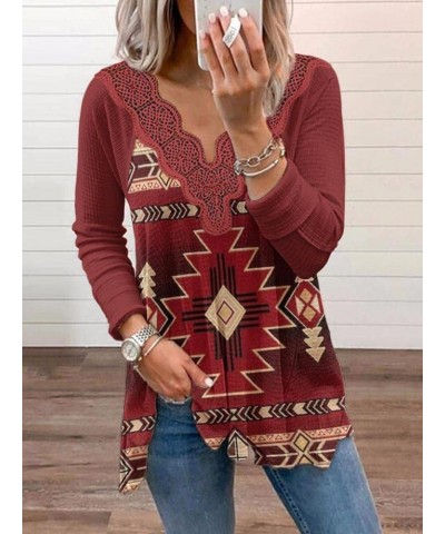 Womens Western Outfits Aztec Print Long Sleeve Lace V Neck Casual Loose Flowy Tunic Tops Shirts Red 3 $18.05 Tops