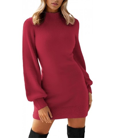 Women's Mock Neck Ribbed Long Sleeve Bodycon Pullover Cute Mini Sweater Dress 11 Red $20.64 Sweaters