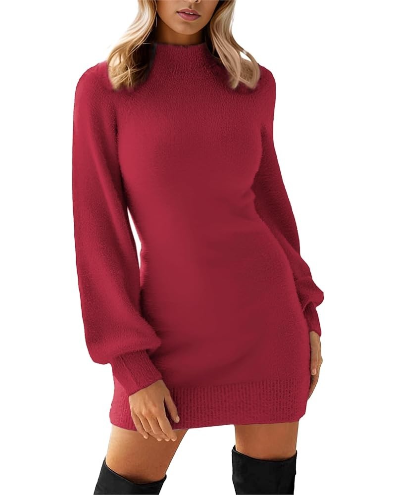 Women's Mock Neck Ribbed Long Sleeve Bodycon Pullover Cute Mini Sweater Dress 11 Red $20.64 Sweaters