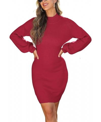 Women's Mock Neck Ribbed Long Sleeve Bodycon Pullover Cute Mini Sweater Dress 11 Red $20.64 Sweaters