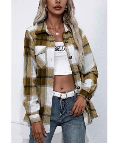 Women's Casual Button Down Flannel Shirt Plaid Loose Fit Woolen Fall Shacket Jacket Brown $16.49 Blouses