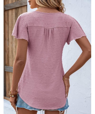 Women Flutter Sleeve V Neck Tops Swiss Dot Chiffon Blouse Pink Purple $8.09 Blouses