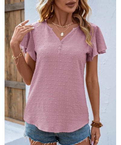 Women Flutter Sleeve V Neck Tops Swiss Dot Chiffon Blouse Pink Purple $8.09 Blouses