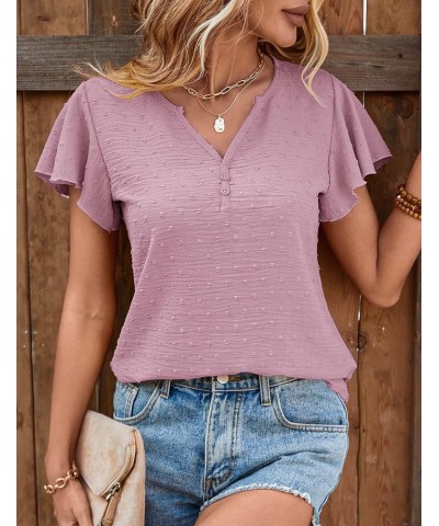 Women Flutter Sleeve V Neck Tops Swiss Dot Chiffon Blouse Pink Purple $8.09 Blouses