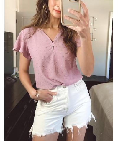 Women Flutter Sleeve V Neck Tops Swiss Dot Chiffon Blouse Pink Purple $8.09 Blouses