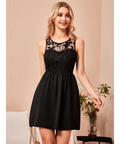 Women's Floral Lace Sleeveless Round Neck Ruffle Hem A Line Dress Black $17.10 Dresses