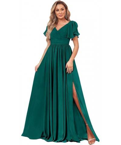 Women's V Neck Bridesmaid Dresses with Slit Short Sleeve Pleated Long Chiffon Formal Evening Dresses Teal $40.49 Dresses