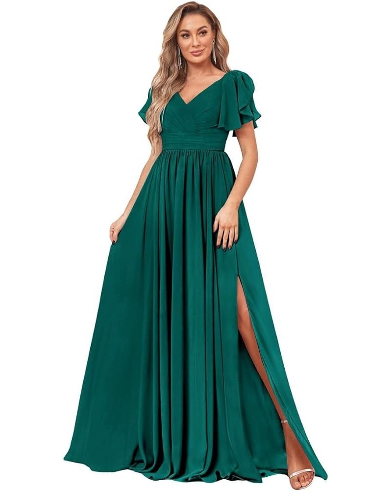 Women's V Neck Bridesmaid Dresses with Slit Short Sleeve Pleated Long Chiffon Formal Evening Dresses Teal $40.49 Dresses