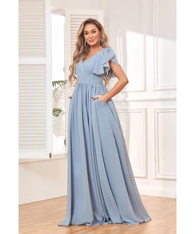 Women's V Neck Bridesmaid Dresses with Slit Short Sleeve Pleated Long Chiffon Formal Evening Dresses Teal $40.49 Dresses