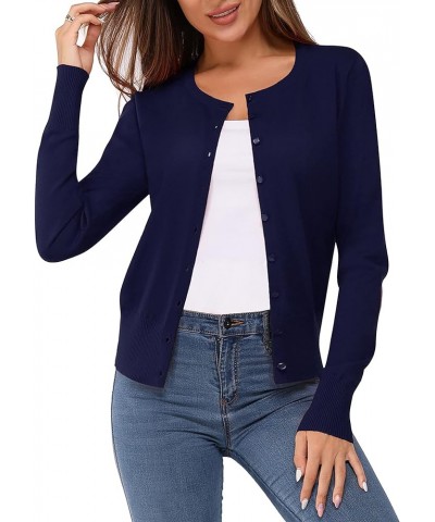 Women's Solid Button Down Long Sleeve Classic Crew Neck Knit Cardigan Sweater Navy $12.79 Sweaters