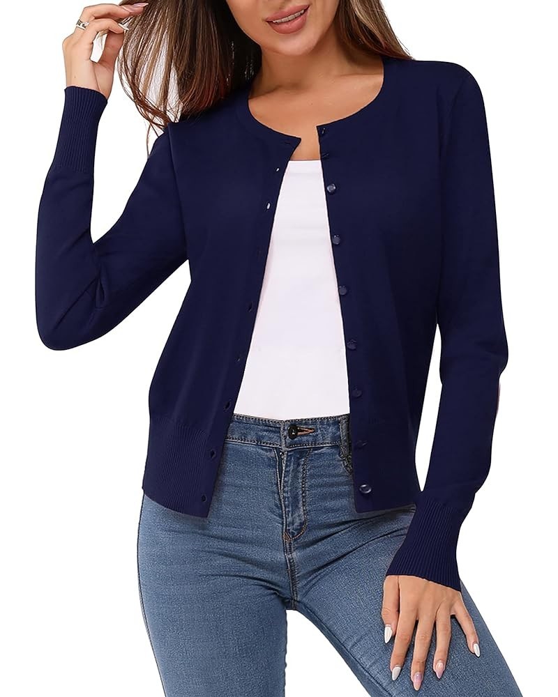 Women's Solid Button Down Long Sleeve Classic Crew Neck Knit Cardigan Sweater Navy $12.79 Sweaters