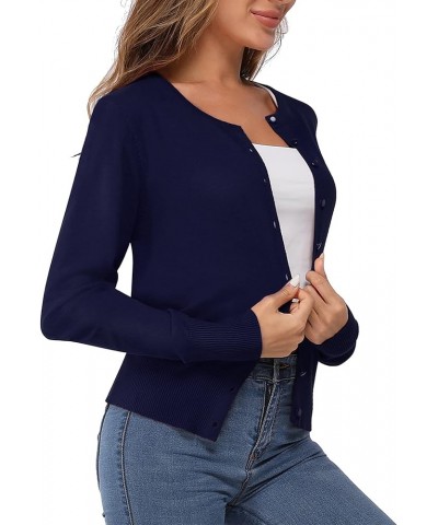 Women's Solid Button Down Long Sleeve Classic Crew Neck Knit Cardigan Sweater Navy $12.79 Sweaters