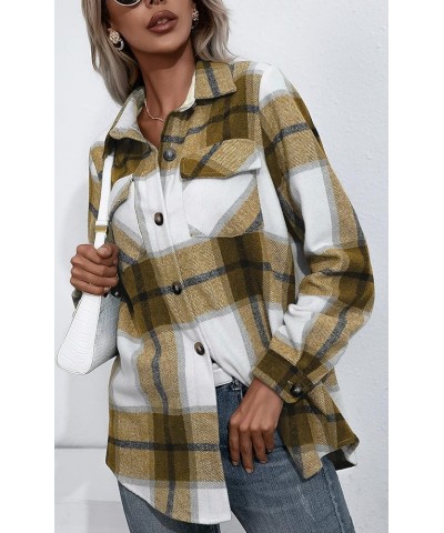 Women's Casual Button Down Flannel Shirt Plaid Loose Fit Woolen Fall Shacket Jacket Brown $16.49 Blouses