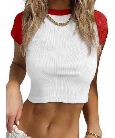 Women's Cute Rib Knit Crop Tops Bulb Print 2000s Baby Tees Red Color Block $7.50 T-Shirts