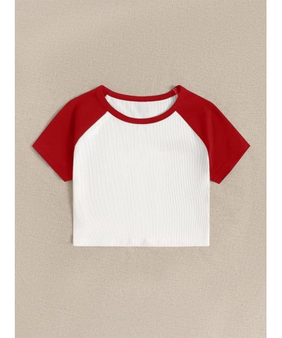 Women's Cute Rib Knit Crop Tops Bulb Print 2000s Baby Tees Red Color Block $7.50 T-Shirts