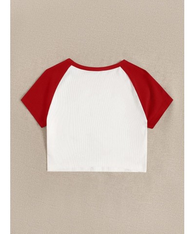 Women's Cute Rib Knit Crop Tops Bulb Print 2000s Baby Tees Red Color Block $7.50 T-Shirts