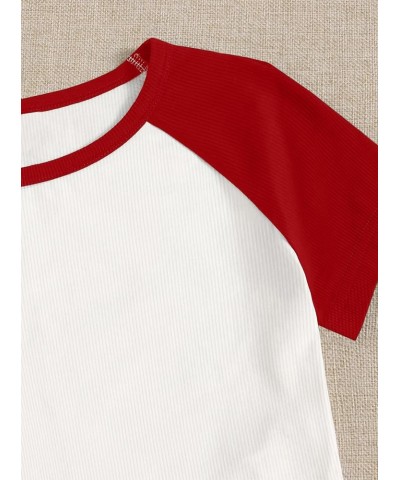 Women's Cute Rib Knit Crop Tops Bulb Print 2000s Baby Tees Red Color Block $7.50 T-Shirts