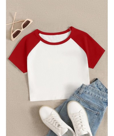 Women's Cute Rib Knit Crop Tops Bulb Print 2000s Baby Tees Red Color Block $7.50 T-Shirts