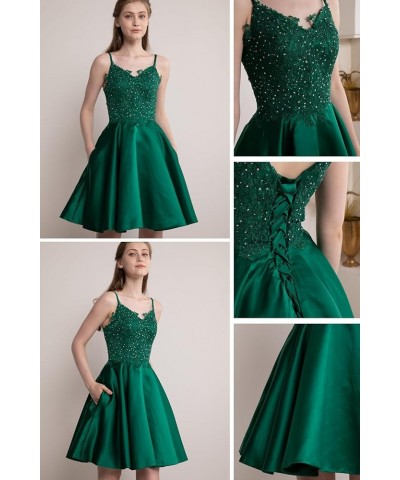 Short Lace Beaded Homecoming Dresses Spaghetti Strap Satin Evening Prom Gowns with Pockets Dark Blue $33.59 Dresses